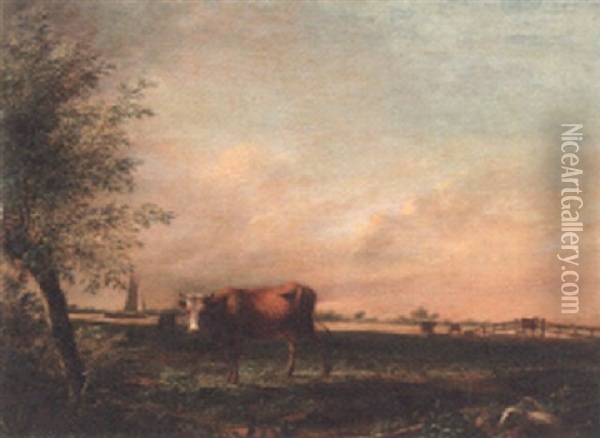 A Cow And Sheep In A Meadow, A Canal Beyond Oil Painting - Johannes I Janson