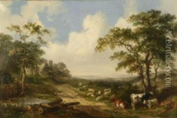 Cattle And Sheep In A Landscape Oil Painting - John Dearman Birchall
