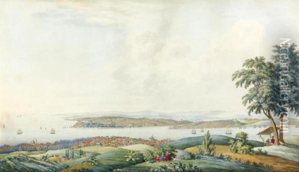 View Of Constantinople And The Bosphorus From The Uskudar Heights Oil Painting - Michel Francois Preaulx