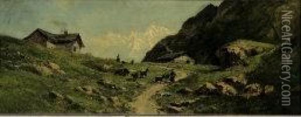 Paesaggio Alpino Con Figure Oil Painting - Giacinto Bo