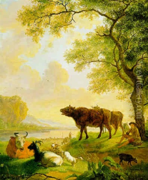 Landschap Met Vee En Herder Onder Een Boom Oil Painting - Balthasar Paul Ommeganck