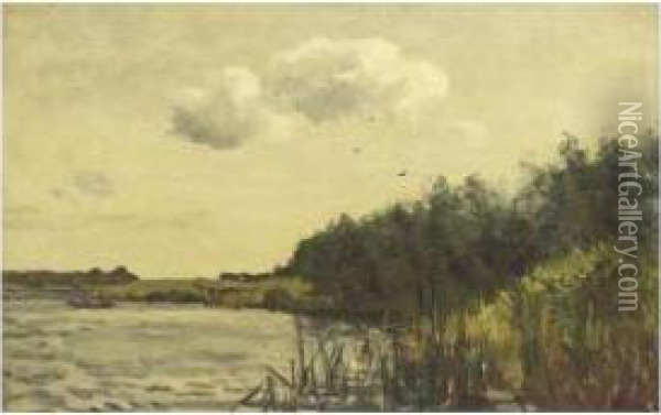 A Polder Landscape With A Rowing Boat Oil Painting - Willem Bastiaan Tholen