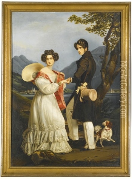 Max Herzog In Bayern And Ludovika Herzogin In Bayern At Schloss Tegernsee Oil Painting - Joseph Karl Stieler