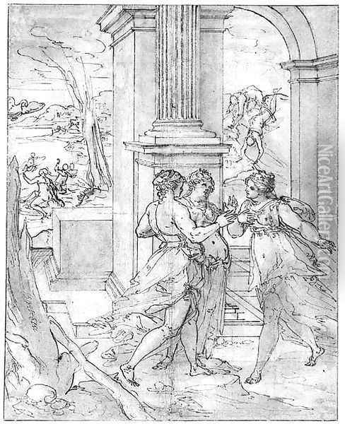 Three Women under a Portico, with Jupiter as a Swan flying towards Leda Oil Painting - Giovanni B. (Il Genvovese) Castello