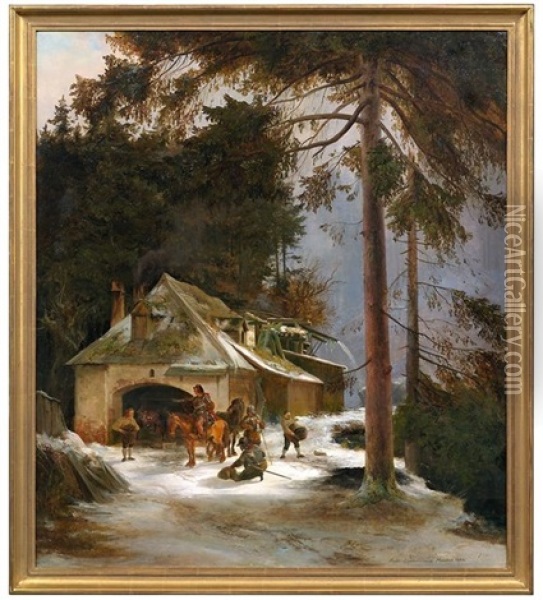 Rastende Reiter Im Winterwald An Einer Schmiede Oil Painting - Richard Zimmermann