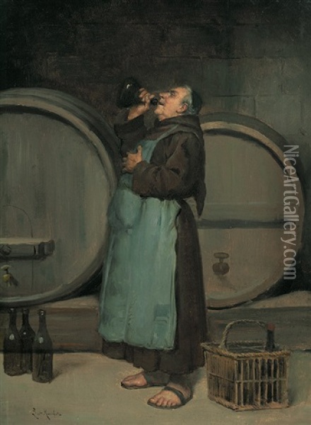 Bruder Kellermeister Probiert Den Wein Aus Der Flasche Oil Painting - Ludovic (Louis Hippolyte) Mouchot