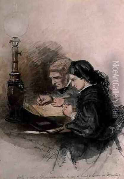 John Ruskin 1819-1900 Teaching Louisa Stewart-Mackenzie to Draw, 1857 Oil Painting - William Bell Scott