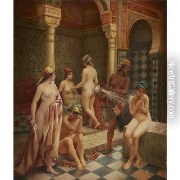 Turkish Bath Oil Painting - Lucien Mouillard