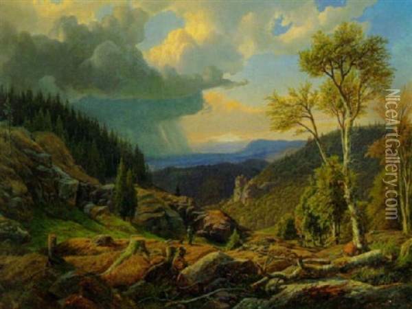 Mittelgebirgslandschaft Mit Jagern (bohmerwald?) Oil Painting - Anton Liehm