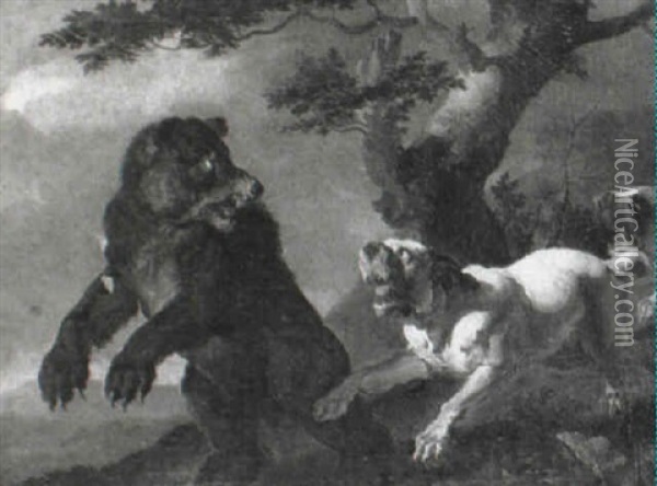 Wooded Landscape With Hounds Attacking A Bear Oil Painting - Abraham Danielsz Hondius