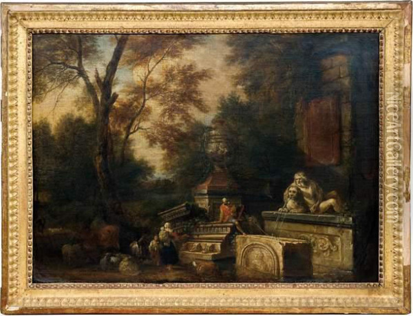 Fontaine Dans Un Paysage Antique Oil Painting - Pierre Salomon Domenchin De Chavannes