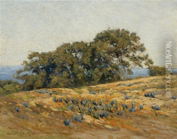 Oak Trees And Poppies In A California Coastal Landscape Oil Painting - Granville S. Redmond