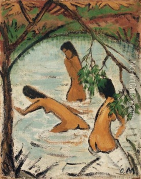 Drei Badende Im Wasser Oil Painting - Otto Mueller