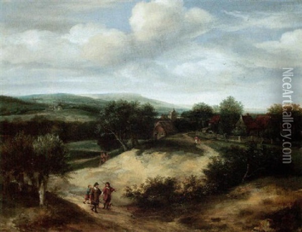 An Open Landscape With Huntsmen On A Track Before A Village Oil Painting - Jacob Koninck