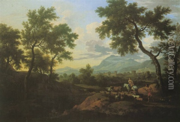 A Wooded Landscape With A Herdmsman And Cattle On A Country Road Oil Painting - Jacob De Heusch