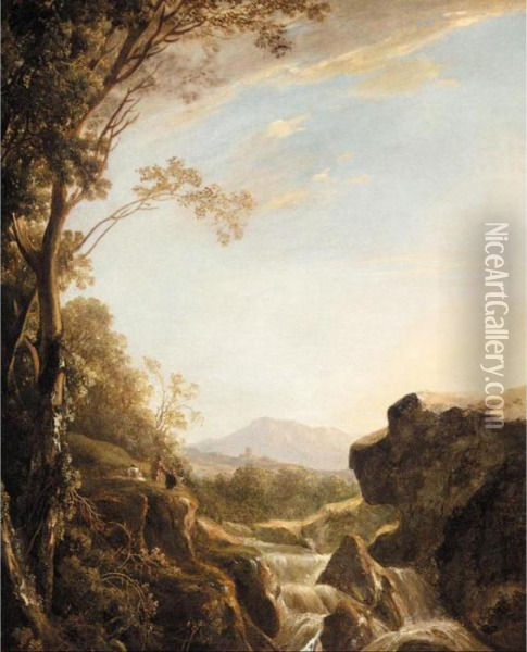An Italianate Landscape With An Artist Sketching Beside A Cascade Oil Painting - Jan Both