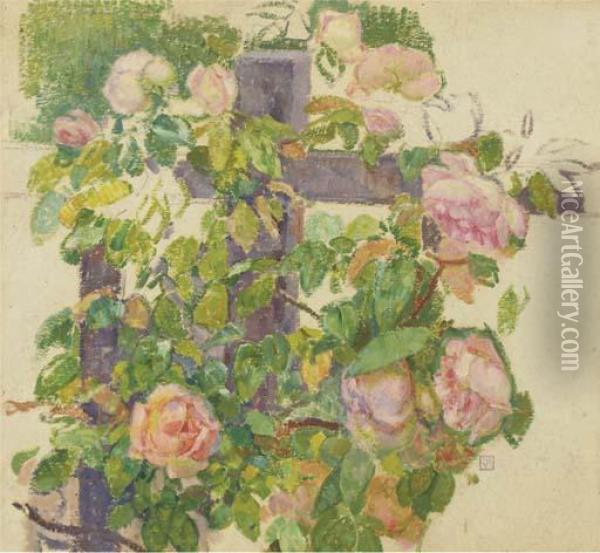 Pink Roses Over A Fence Oil Painting - Theo van Rysselberghe