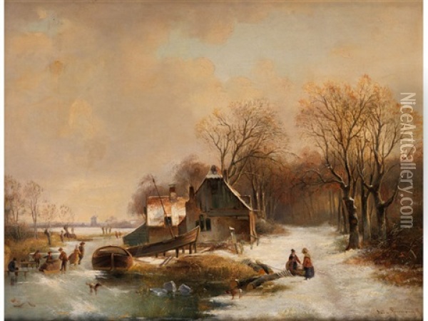 Winterlandschaft Mit Fischerhaus Und Schlittschuhlaufern Oil Painting - Jan Van Ravenswaay