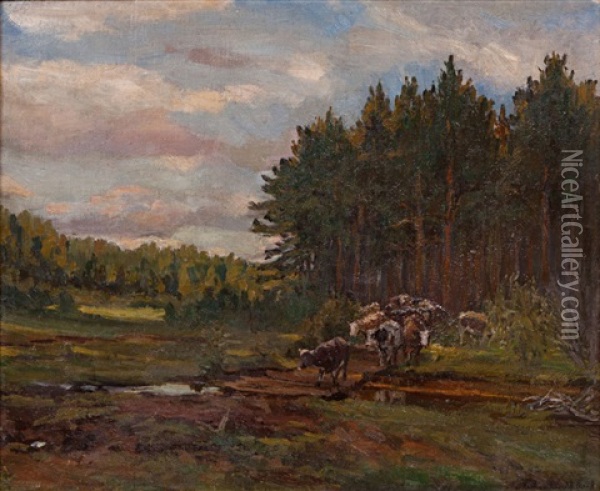 A Herd In The Dusk Oil Painting - Manuil Aladzhalov