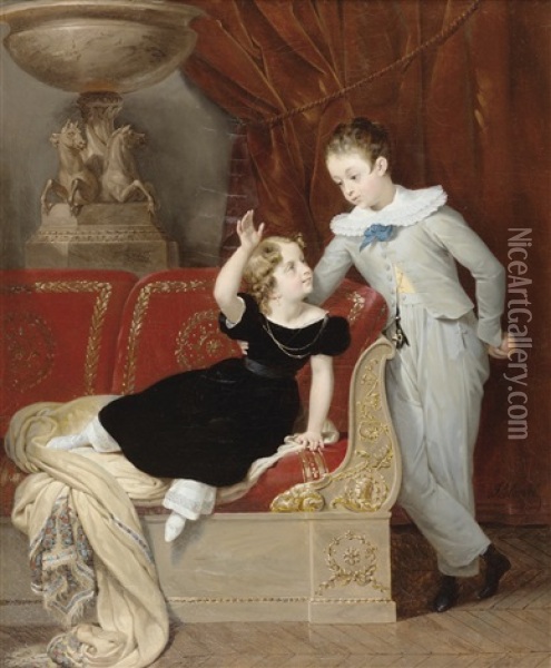 Portraits De Deux Enfants Dans Un Interieur De Style Empire Oil Painting - Merry-Joseph Blondel