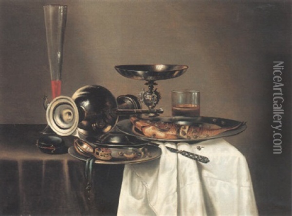 Still Life With Silver Ewer And Plate On Draped Table Oil Painting - Cornelis Mahu