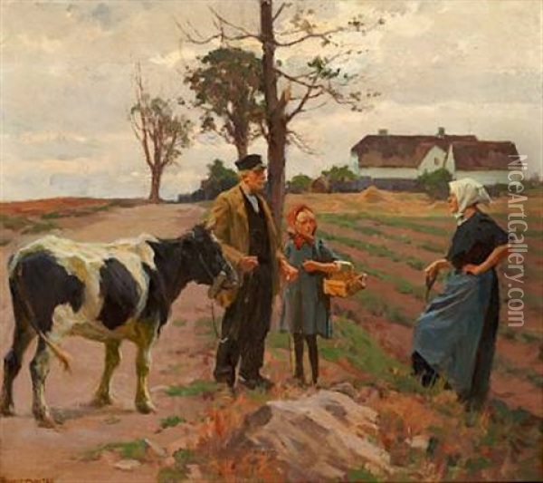 A Grandfather And His Grandchild On Their Way To The Market Oil Painting - Erik Ludwig Henningsen