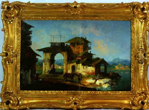 Capriccio Con Case Rustiche, Flusslandschaft Mit Reitern Voreinem Haus Mit Antikem Torbogen Oil Painting - Michele Marieschi