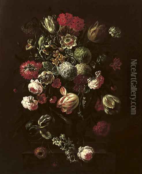 Tulips, roses, lillies and other flowers in a vase on a stone ledge Oil Painting - Pieter Casteels