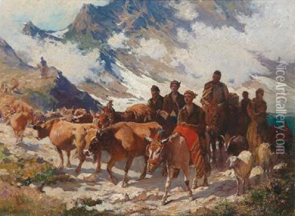 Driving Cattle Onto The Mountain Pastures Oil Painting - Felix Dominique De Vuillefroy