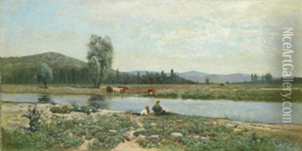 Au Bord De L'allier, Vichy Oil Painting - Hjalmar Sandberg
