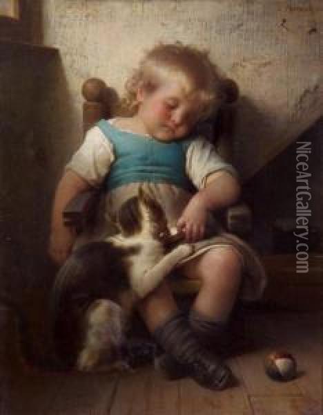 Naughty Kitty Steals A Lap Oil Painting - Leon-Jean-Basile Perrault