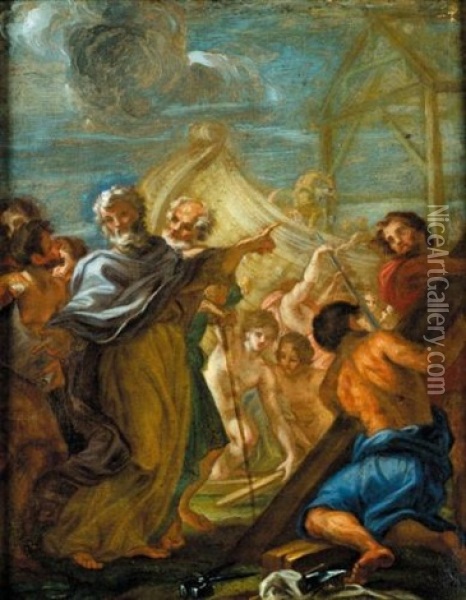 The Building Of Noah's Ark (bozzetto) Oil Painting - Giovanni Battista Gaulli
