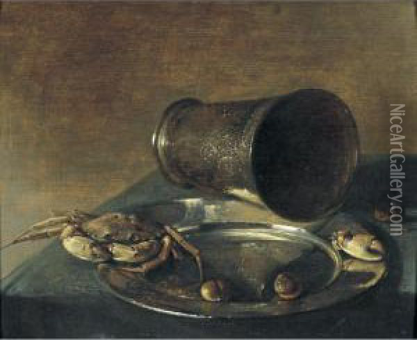 Still Life With A Crab And Olives On A Pewter Dish With An Overturned Silver Beaker Oil Painting - Jan Jansz. Treck