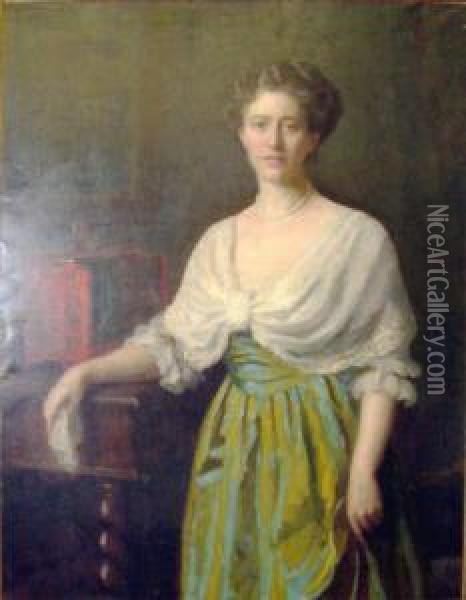 Portrait Of A Lady Standing With Lacquer Cabinet Oil Painting - Viktor Scharf