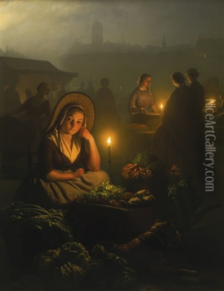 Night-market In Amsterdam, With The Dam Palace And The Nieuwe Kerk In The Background Oil Painting - Petrus van Schendel