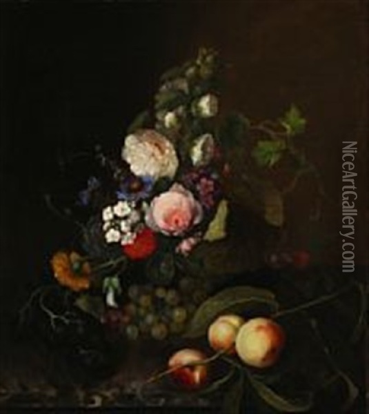 Still Life With Colourful Flowers And Peaches Oil Painting - Emma Augusta Thomsen
