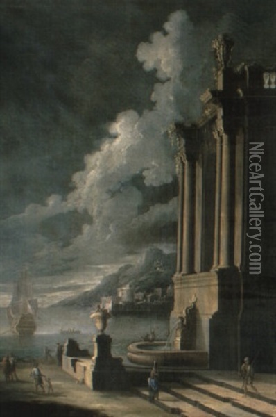A Capriccio Of A Mediterranean Harbour With Figures Near A Classical Ruin Oil Painting - Leonardo Coccorante