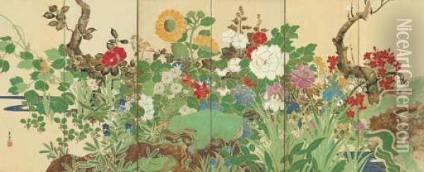 Flowers Of The Four Seasons Oil Painting - Suzuki Motonaga Kiitsu