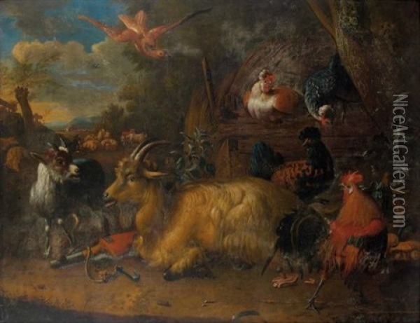 Chevre, Chevreau Et Poules Dans Un Paysage Oil Painting - Jacob van Oolen