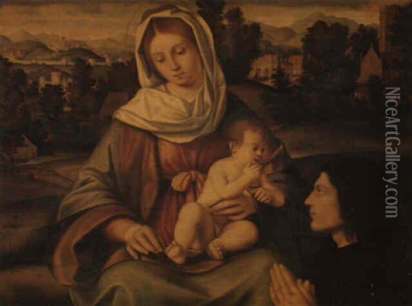 The Madonna And Child In A Landscape With A Kneeling Donor Oil Painting - Andrea Previtali