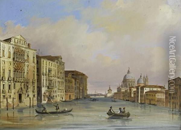 Gondolas On The Grand Canal Looking Towards Santa Maria Della Salute Oil Painting - Carlo Grubacs