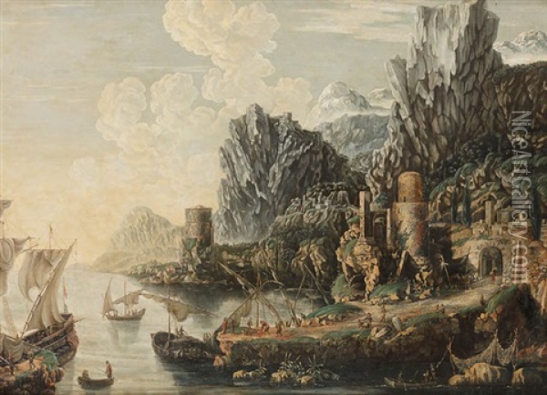 Hafen Vor Einer Stadt Im Gebirge Oil Painting - Frederick van Valckenborch