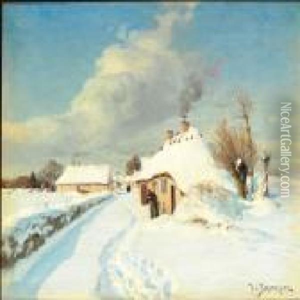 Winter Day On The Outskirts Of The Village With Snow And Sunshine Oil Painting - Hans Anderson Brendekilde