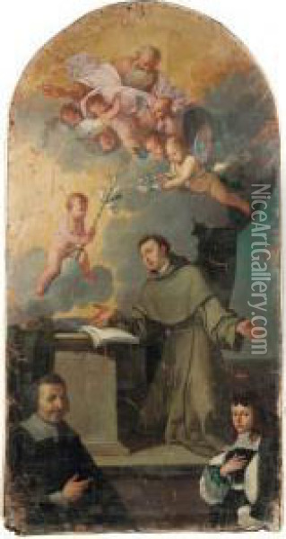 Apparizione Di Gesu Bambino A S.
 Antonio Da Padova Alla Presenza Del Committente E Il Figlio Oil Painting - Giulio Carpione