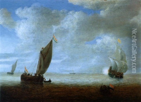 Fischerboote Und Ein Zweimaster, Der Einen Salutschuss Bei Ruhiger See Abfeuert Oil Painting - Jeronymus Van Diest