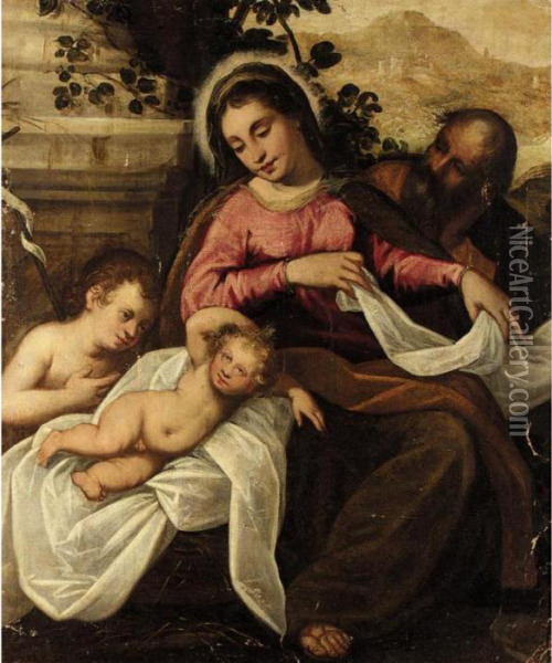 The Holy Family With The Infant Saint John The Baptist In A Landscape Oil Painting - Jacopo Robusti, II Tintoretto