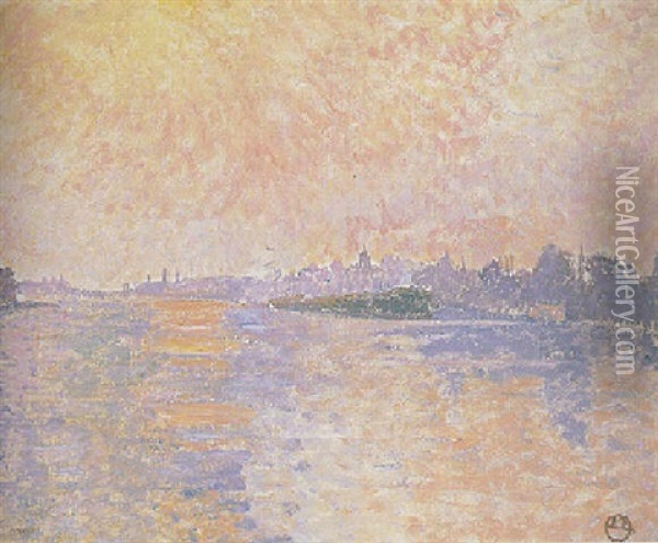 Sunset On The Thames, Chiswick Oil Painting - Lucien Pissarro