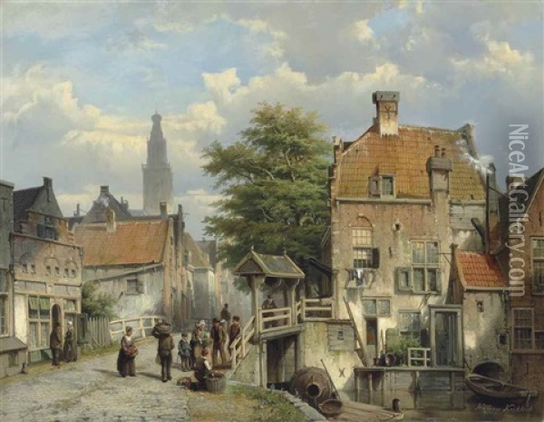 Figures On A Bridge By A Dutch Canal Oil Painting - Willem Koekkoek