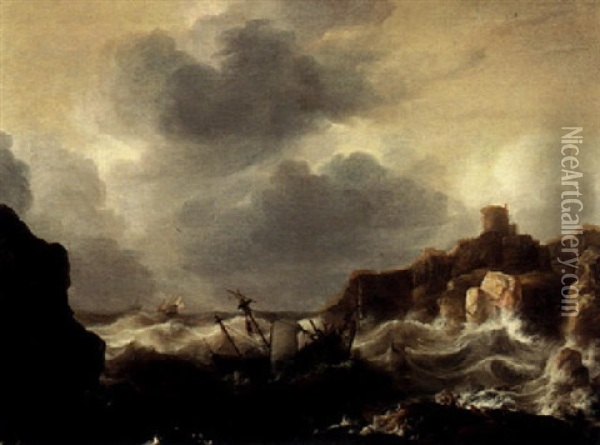 Ships In A Stormy Sea Below A Castle On A Rocky Promontory Oil Painting - Bonaventura Peeters the Elder