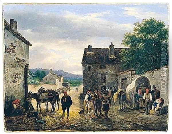 Village Scene With Figures And Donkeys Before A House Oil Painting - Guiseppe Canella